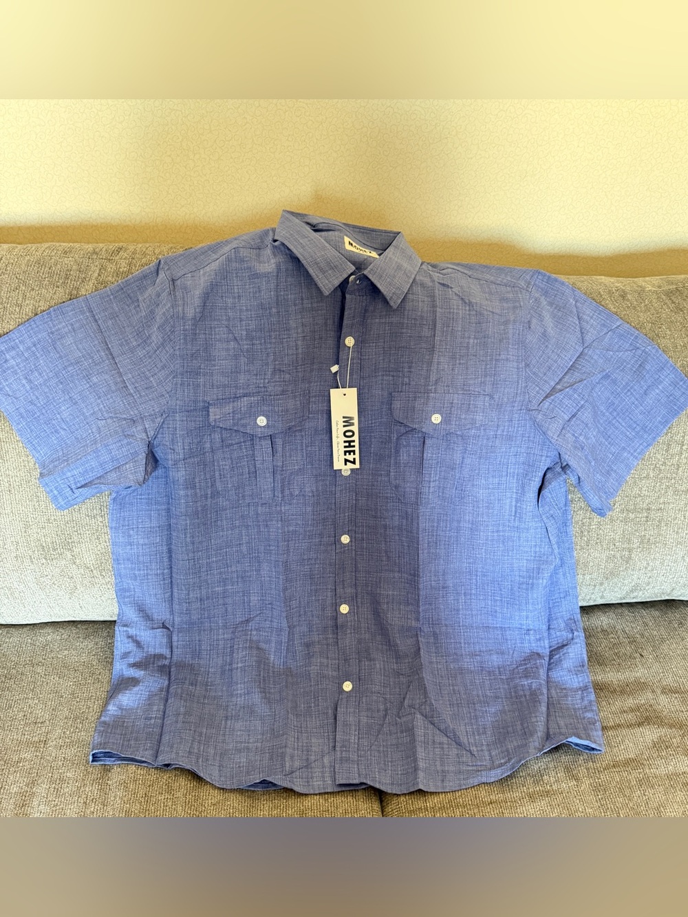 MOHEZ Men’s Blue Short Sleeve Button-Up Shirt Size L NWT